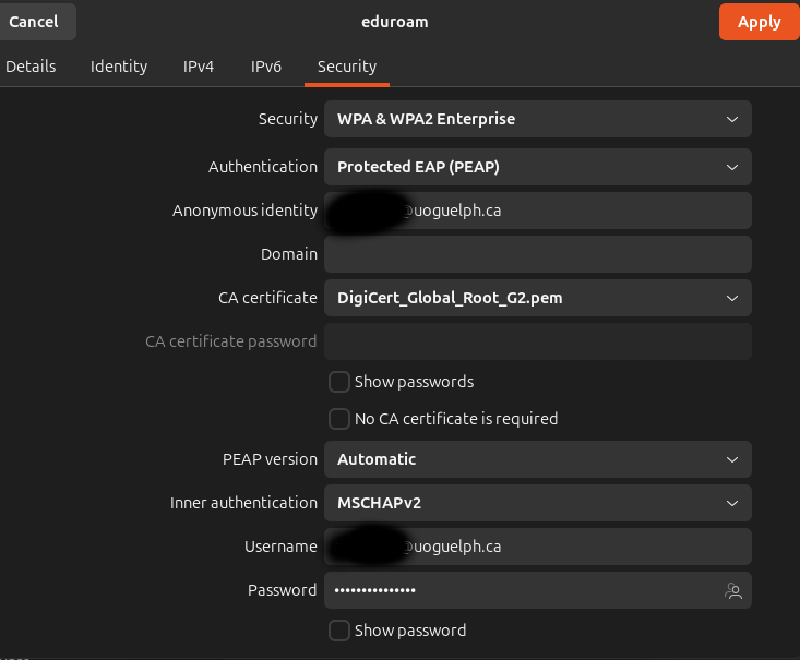Ubuntu 24.04 Network Settings for Eduroam Security Configuration